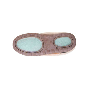 Bottom view of Cloud Nine Sheepskin slipper showing brown textured sole with light blue grip pads