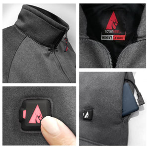 ActionHeat womens heated jacket details showing collar, brand label, power button, and battery pack in pocket