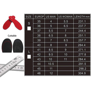 Dr Warm insole size chart comparing European and US shoe sizes with corresponding length in millimeters