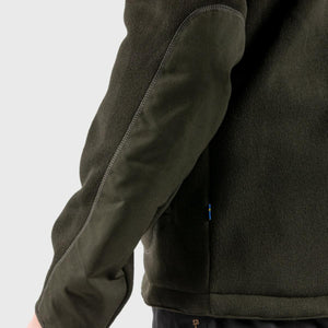 FjallRaven olive green fleece jacket sleeve with reinforced elbow patch