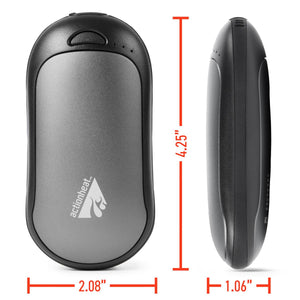 ActionHeat hand warmer showing front and side dimensions of 4.25 inches by 2.08 inches by 1.06 inches