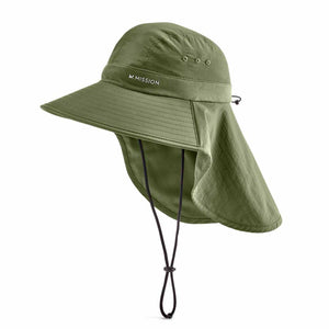 Olive green Mission sun hat with neck flap and adjustable chin strap