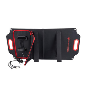 Outdoor Tech foldable solar charger with integrated storage pouch and charging cables