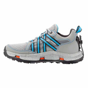 Korkers grey and blue athletic wading shoe with speckled midsole and black tread