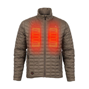 Mobile Warming brown quilted heated jacket with glowing red chest heating elements