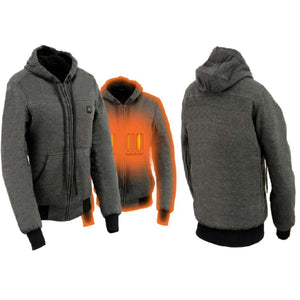 Grey zip up hooded sweatshirt with highlighted internal heating elements