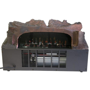 Back view of electric fireplace log insert with metal grill and power cord