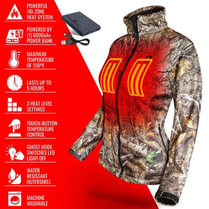 ActionHeat camouflage heated jacket with power bank and feature list