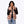 Woman wearing a Mobile Warming patterned fleece vest over a black long sleeve shirt
