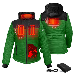ActionHeat green hooded jacket showing heating element placement and battery pack