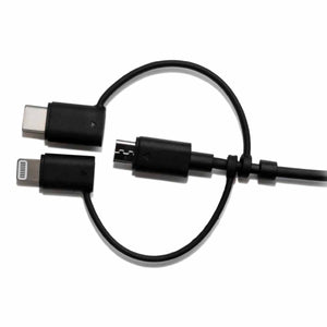 Outdoor Tech multi-connector charging cable with USB-C and Lightning adapters