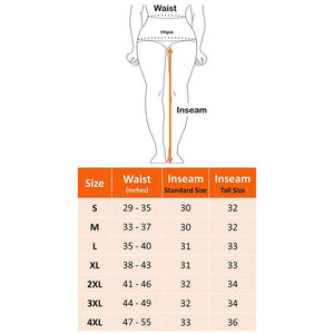 California Heat size chart showing waist and inseam measurements for sizes small to 4XL