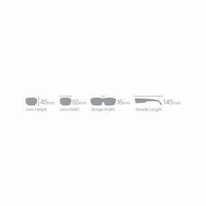 Eyeglass frame measurements showing lens height 45mm, lens width 55mm, bridge width 16mm, and temple length 145mm