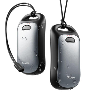 Two Ocoopa rechargeable hand warmers with black and grey casing and water droplets on surface
