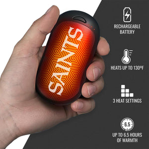 ActionHeat hand warmer with Saints logo and features including rechargeable battery and three heat settings