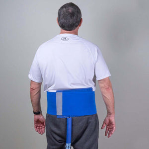 Man wearing a blue Polar Products cold therapy back wrap
