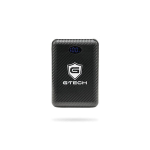 G-Tech portable power bank with carbon fiber texture and digital battery percentage display