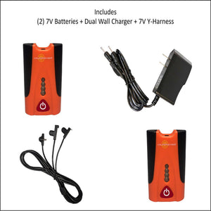 California Heat 7V battery kit including two batteries, dual wall charger, and Y-harness