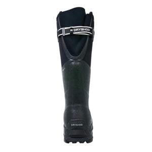 Rear view of a black Dryshod tall rubber boot with adjustable strap