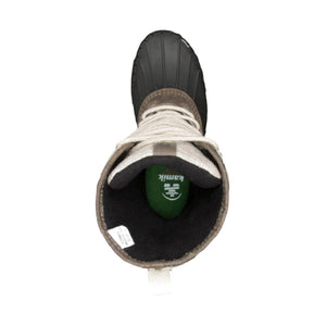 Top view of Kamik winter boot showing black rubber toe and lace up closure