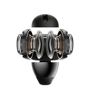 Exploded view of wireless earbud components showing internal driver and housing structure