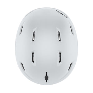 Top view of a white Smith Optics ski helmet with ventilation slots