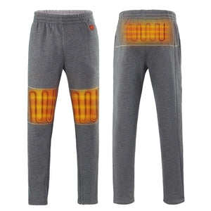 Venture Heat grey sweatpants showing front and back heating elements on knees and lower back