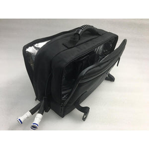 Black insulated equipment bag with silver lining and two white hose connectors extending from the side
