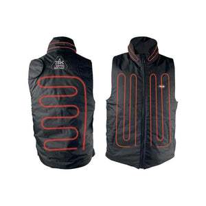 Gears Canada black heated vest showing front and back views with red heating elements