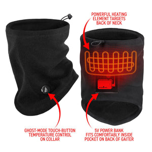 ActionHeat black fleece neck gaiter showing heating element location power bank pocket and temperature control button