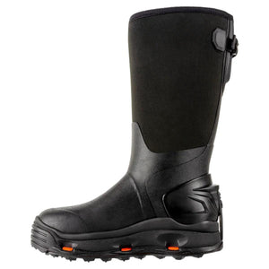 Korkers black waterproof tall rubber boot with orange sole accents