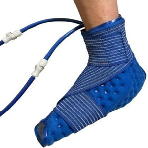 Blue ankle cold therapy wrap with connected tubing