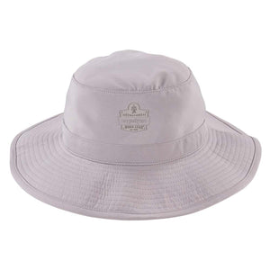 Light grey Ergodyne bucket hat with wide brim and brand logo on front