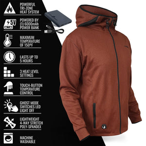 ActionHeat brown heated hoodie with feature list including tri-zone heating and 6000mAh power bank