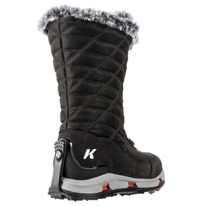 Korkers black quilted winter boot with faux fur trim and grey sole