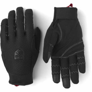 Hestra black mesh and synthetic fabric gloves with white stitching details