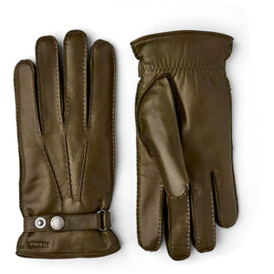 Hestra olive green leather gloves with snap button wrist strap