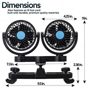 Zonetech dual head car fan with labeled dimensions and 8 foot cord