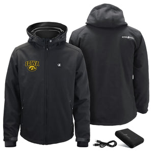 ActionHeat black hooded jacket with Iowa logo and power bank