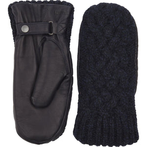 Hestra navy blue leather and cable knit wool mittens