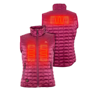 Fieldsheer women's heated vest in burgundy showing front and back heating elements