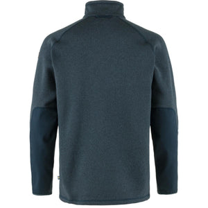 Back view of a FjallRaven dark blue fleece sweater with reinforced elbow patches