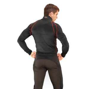 Man wearing black long sleeve athletic top with red seams and black trousers from behind
