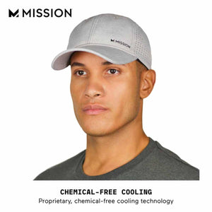 Man wearing a light grey Mission cooling baseball cap