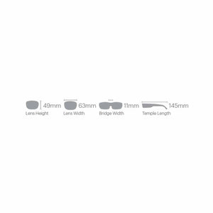Diagram showing eyewear measurements including lens height 49mm lens width 63mm bridge width 11mm and temple length 145mm