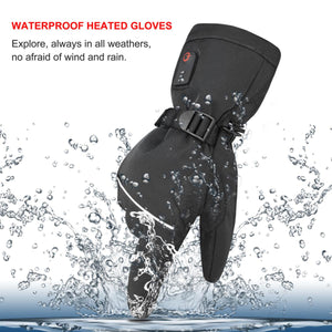 Black waterproof heated glove with power button surrounded by water splashes