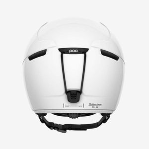 Back view of a white POC ski helmet with black goggle clip and size medium large label