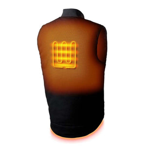 Back view of a black heated vest showing the internal heating element grid glowing orange