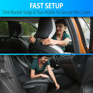 Person securing car seat cover with buckle strap and hooks