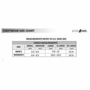 ActionHeat footwear size chart showing US shoe size conversions for men and women by size category